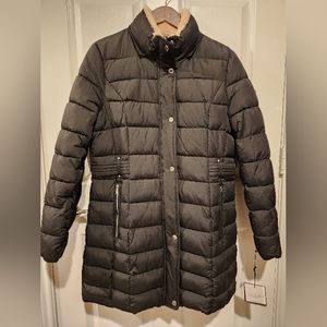 NWT Laundry by Shelli Segal 3/4 Puffer Coat With Faux Fur - Black/Silver
